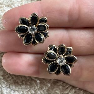 Black Flower Stud Earrings, Gold on Petals, Crystal Center, Excellent Condition!